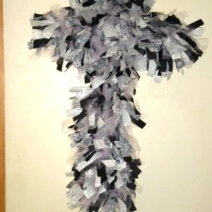 #22 Gray and Pink Flower Cross Fabric Wreath